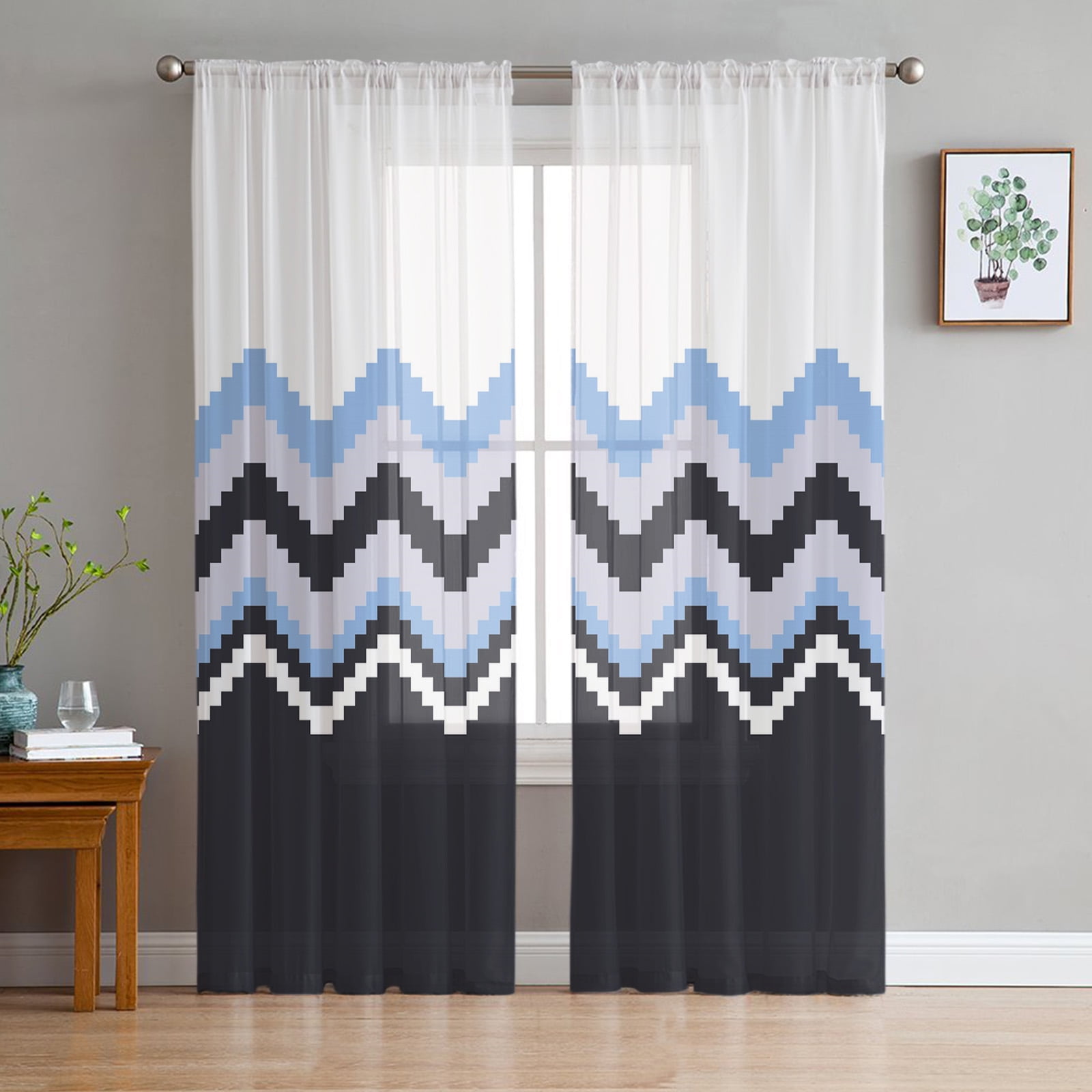 Geometric Stripe Blue And White Sheer Curtain for Living Room Bedroom