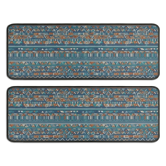 Geometric Stripe Blue Pattern Anti Fatigue Kitchen Rugs Set Of 2, Non Slip Washable Decorative Floor Mats for Sink Laundry and Home Use, 17"x47"