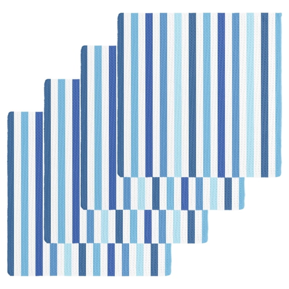 Geometric Stripe Kitchen Dish Towels for Drying Dishes Set of 4, Ombre Farmhouse Blue Vertical Striped Waffle Weave Microfiber Hand Tea Bathroom Towels Quick Dry & Absorbent Towel 12x12