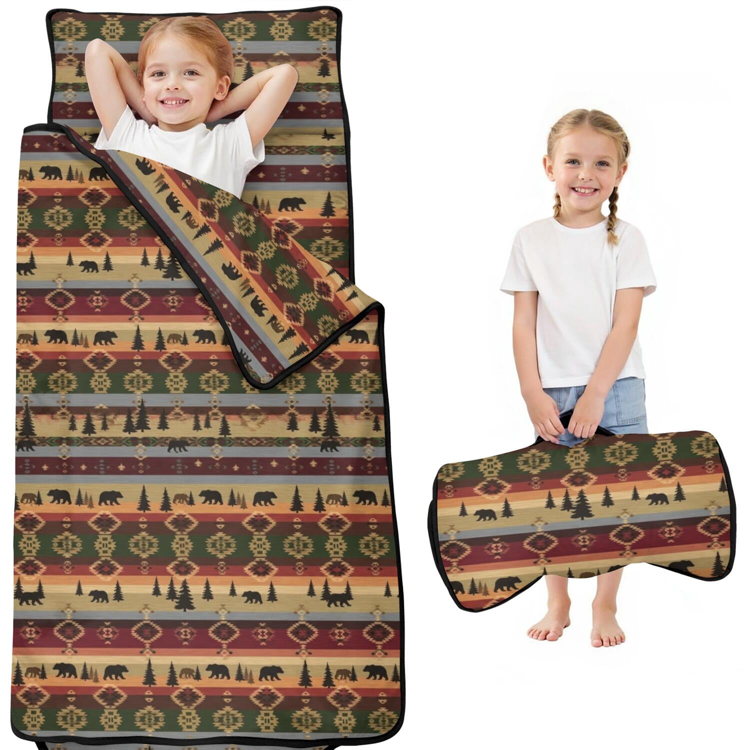 Geometric Stripe Red Pattern Kids Nap Mat, All-in-One Nap Pad with ...