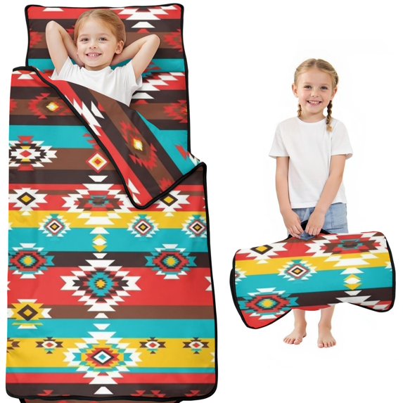 Geometric Stripe Red Pattern Teens Toddler Nap Mat with Pillow, Sleeping Mat Bag for Preschool Daycare 51"x22"