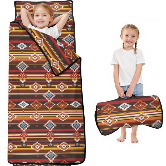 Geometric Stripe Red Pattern Teens Toddler Nap Mat with Pillow, Sleeping Mat Bag for Preschool Daycare 59"x22"