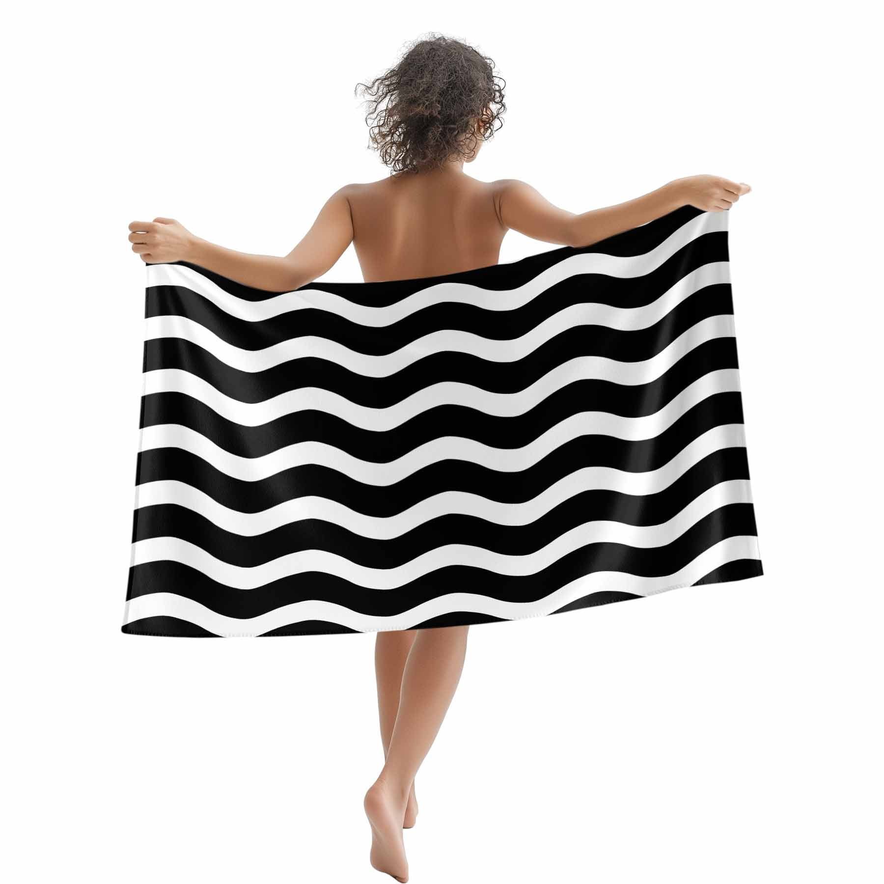 Geometric Striped Pattern Beach Towels Blanket Soft&Absorbent Quick Dry Microfiber Black and White Wave Pattern Pool Towels for Swimming ,Yoga, Sports, Gym, Camping,Large 35X70in,