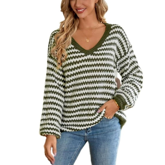 Geometric Striped Pattern Drop Shoulder Knit Sweater for Women Green Medium