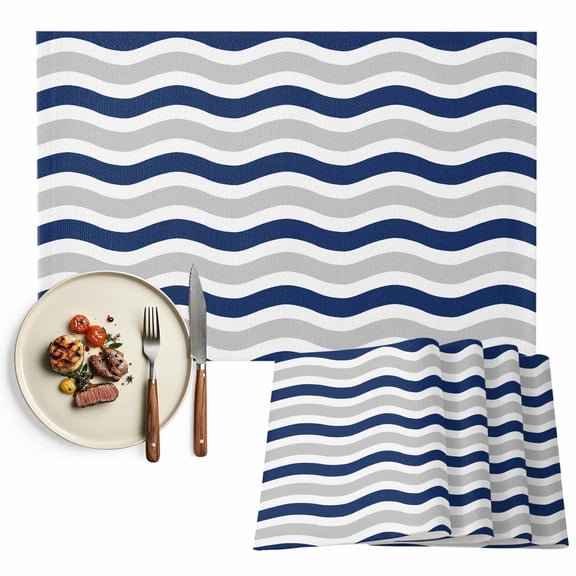 Geometric Striped Pattern Placemat of 1 PC, Navy Grey White Wave Pattern Table Mats Washable Heat-Resistant Non-Slip Place Mats for Kitchen Dinner Table Indoor Outdoor Decor,13x19 Inch