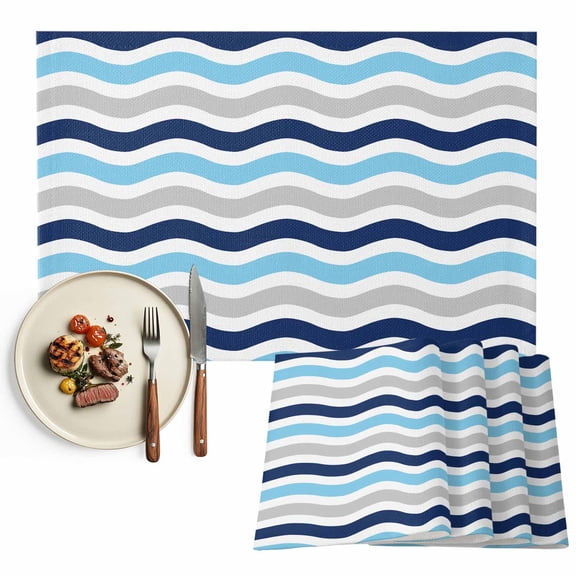 Geometric Striped Pattern Placemats Set of 8, Navy Blue Grey White Wave Pattern Table Mats Washable Heat-Resistant Non-Slip Place Mats for Kitchen Dinner Table Indoor Outdoor Decor,13x19 Inch