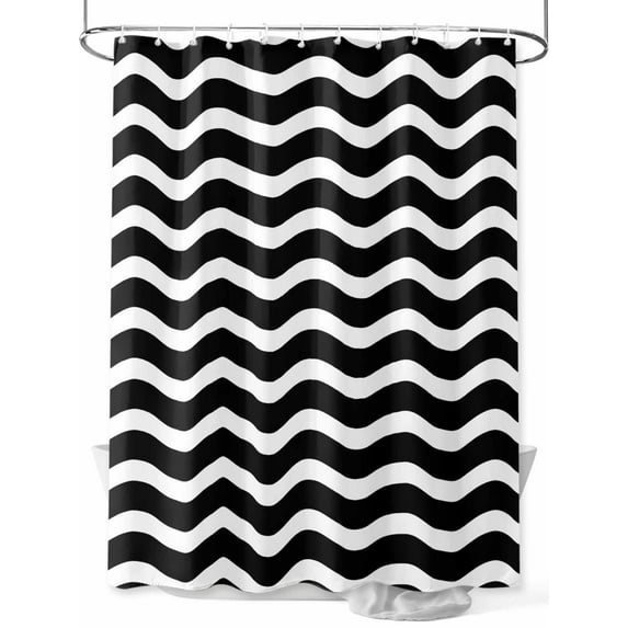 Geometric Striped Pattern Shower Curtain, Black and White Wave Pattern Bathroom Decor Curtains Set with Hooks, Waterproof Fabric Home Accessories, 60 X 72 Inch Long