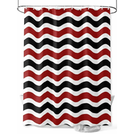 Geometric Striped Pattern Shower Curtain, Red Black Wave Pattern Bathroom Decor Curtains Set with Hooks, Waterproof Fabric Home Accessories, 72 X 78 Inch Long