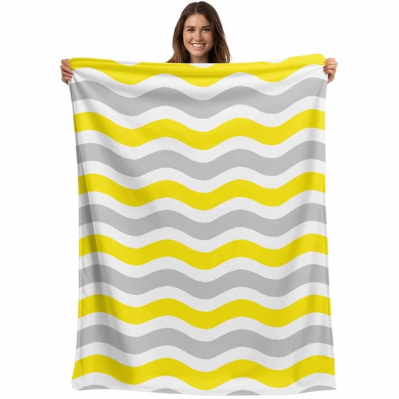 Geometric Striped Pattern Throw Blankets, Lemon Yellow Gray White Wave Pattern Soft Fleece Blanket Decorative for Home Sofa Couch Chair Living Bedroom, 60x80 inches,