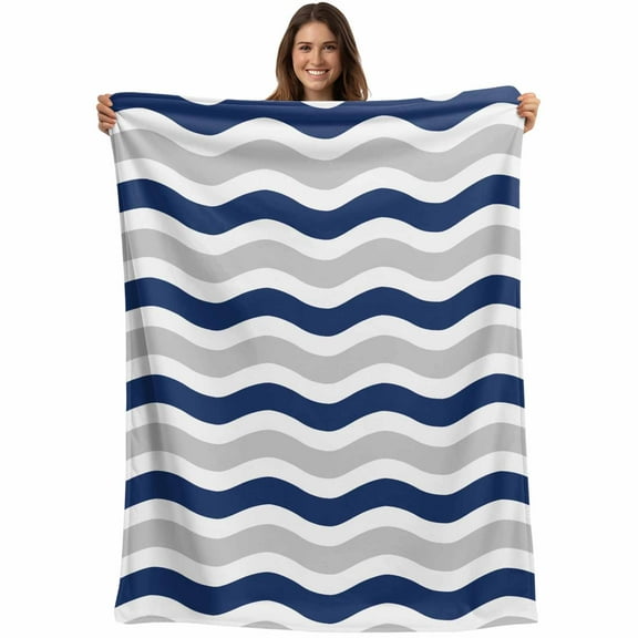 Geometric Striped Pattern Throw Blankets, Navy Grey White Wave Pattern Soft Fleece Blanket Decorative for Home Sofa Couch Chair Living Bedroom, 30x40 Inches,
