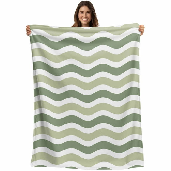 Geometric Striped Pattern Throw Blankets, Sage Olive Green White Wave Pattern Soft Fleece Blanket Decorative for Home Sofa Couch Chair Living Bedroom, 60x80 inches,