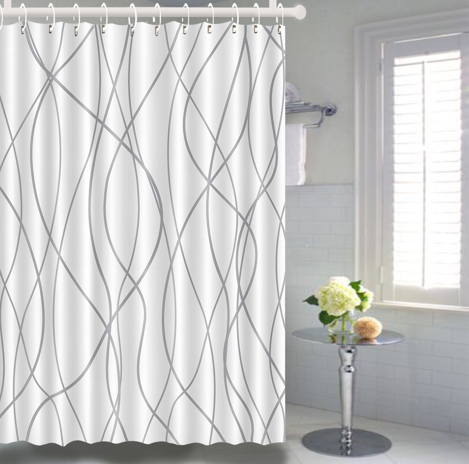Geometric Striped Shower Curtain Grey and White Bath Curtains with 12 ...