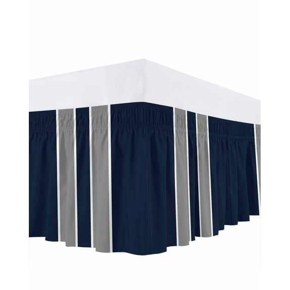 Geometric Stripes Bed Skirt Queen Size 16" Drop Blue Background Ruffled Wrap Around Bed Skirts Adjustable Elastic Bedskirt Dust Ruffle for Queen Size Bed