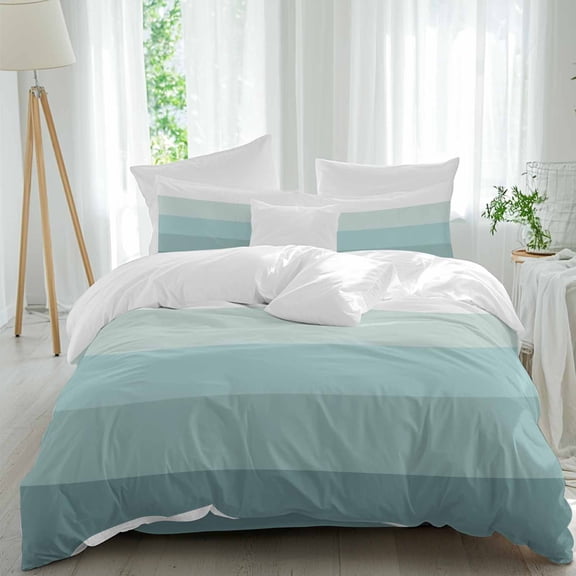 Geometric Stripes Bedding Duvet Cover Set Queen Size 4 Pieces, Minimalist Teal Gradient Pattern Bedding Set with Zipper Closure, 1 Comforter Cover 90x90 Inches 1 Flat Sheet & 2 Pillow Cases