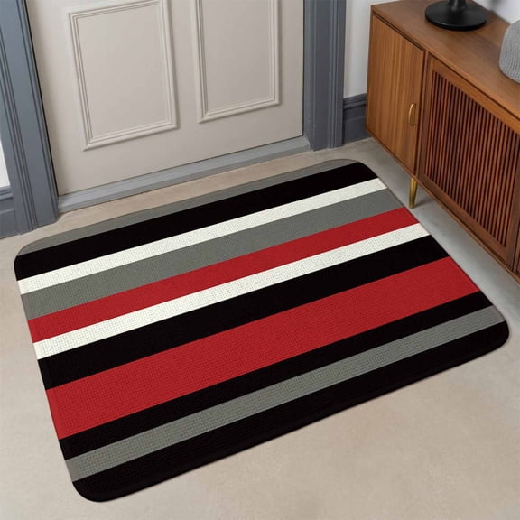 Geometric Stripes Front Door Mat Indoor Entrance, Red Black Absorbent Dirt Resist Welcome Mats Non-Slip Low-Profile Doormat Washable Entry Rug Indoor Outdoor 17x30 Inch