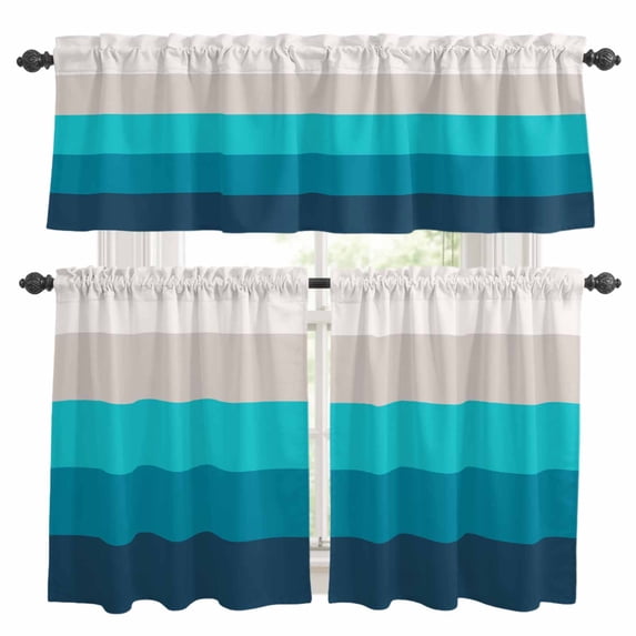 Geometric Stripes Kitchen Curtains Valances and Tiers Set of 3 Minimalist Turquoise Gradient Pattern Tier Curtains and Valance with Rod Pocket for Small Windows, 27.5"x36"