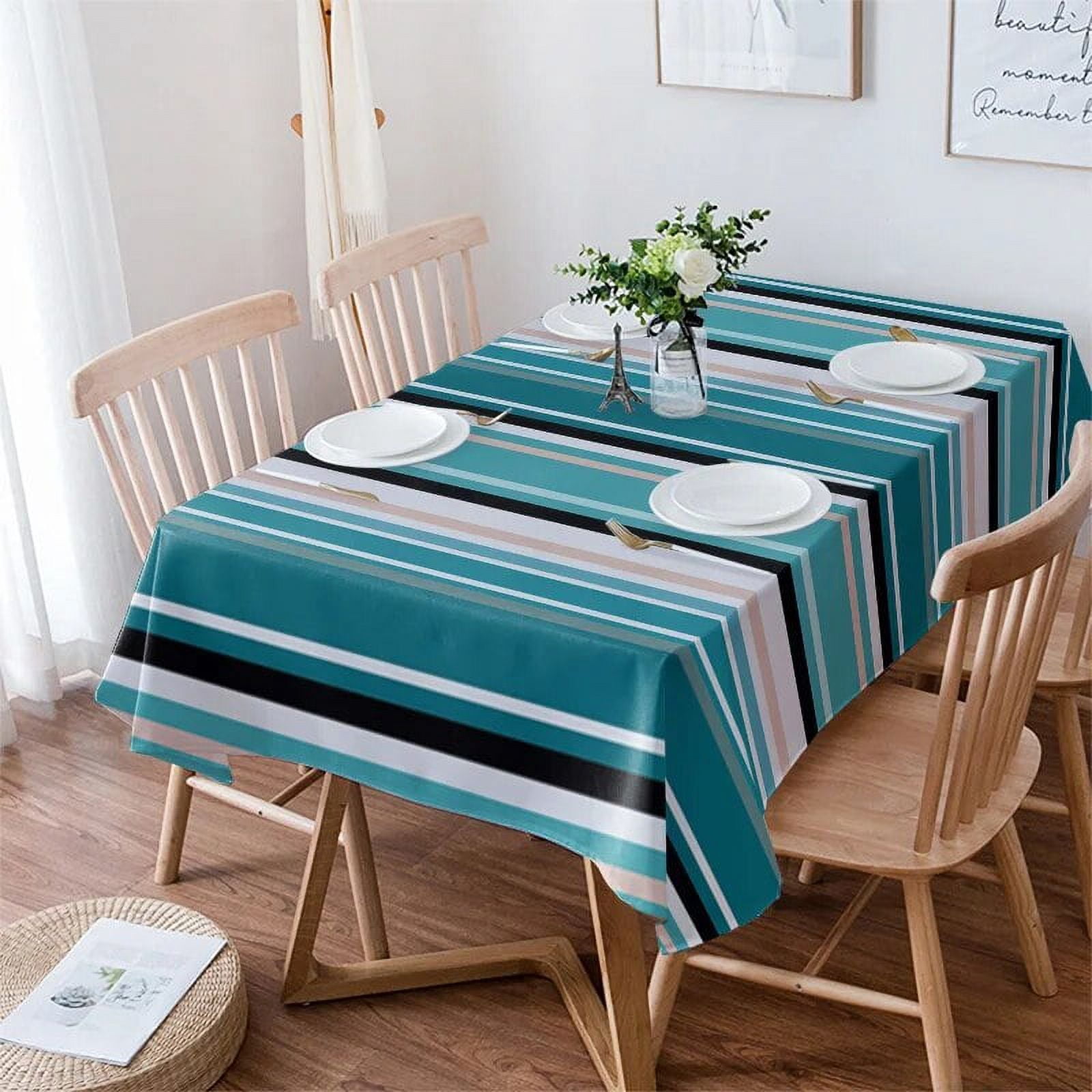 Geometric Stripes Pattern Teal Tablecloth Waterproof Dining Table ...