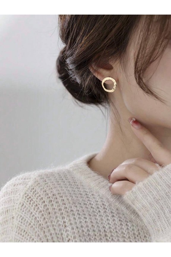Geometric Stud Earrings - Minimalist Open Circle & Drip Design, Yellow Gold, 1 Pair