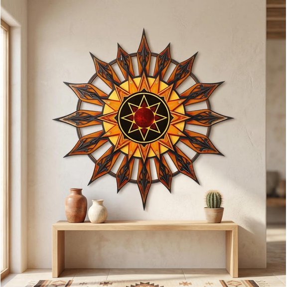 Geometric Sun Metal Wall Art with Desert Pattern, Decorative Wall Decor