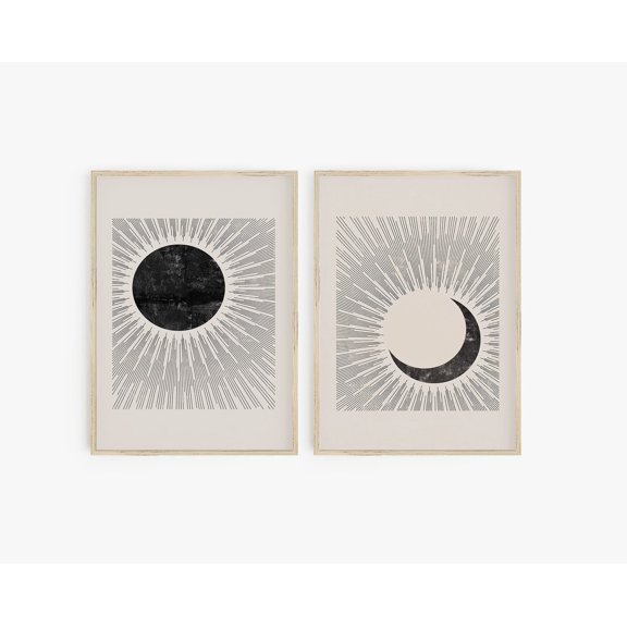 Geometric Sun Moon Print Set Mid Century Modern Black Beige Abstract Set 2 Unframed Paper Print 8x12