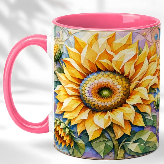 Geometric Sunflower Coffee Mug, Floral Garden Mug, Ceramic 11 oz