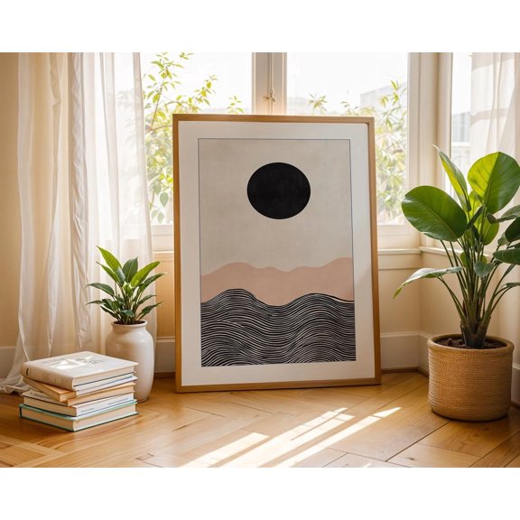 Geometric Sunset Artwork Minimalist Abstract Landscape Boho Eclipse Celestial Sun & Wavy Ocean Wall Art Home Decor Office Wall Art