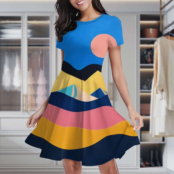 Geometric Sunset Landscape Women's Classic Swing Skater Dress Casual Work Party Cocktail Dresses