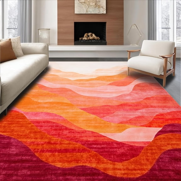 Geometric Sunset Waves Ultra Soft Area Rug , Non Slip, Stain Resistant, Abstract Sunset & Modern Texture Washable Area Rugs for Living Room, Bedroom 4x6ft
