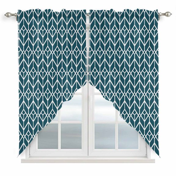 Geometric Swag Valances for Windows, Kitchen Curtains 36 Inch Length 2 Panels Set, Modern Abstract Lines Texture Teal Short Curtains for Small Windows Rod Pocket Cafe Curtains Drapes 28"x36"