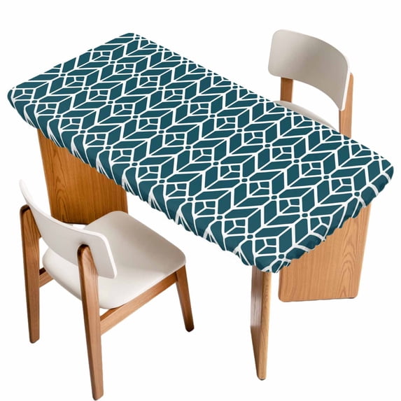 Geometric Table Cloths for 5 Foot Rectangle Tables, Modern Abstract Lines Texture Teal Patio Waterproof Elastic Fitted Tablecloths, Washable Rectangular Table Cover for Camping