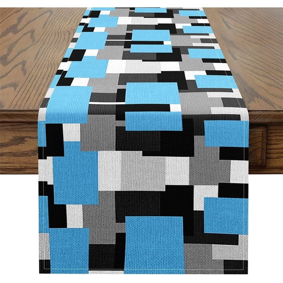 Geometric Table Runner,13.8 x 91 Inch Blue Black Gray Dresser Scarfs Plaid Buffalo Check Dresser Runners Modern Art Table Decor for Home Party