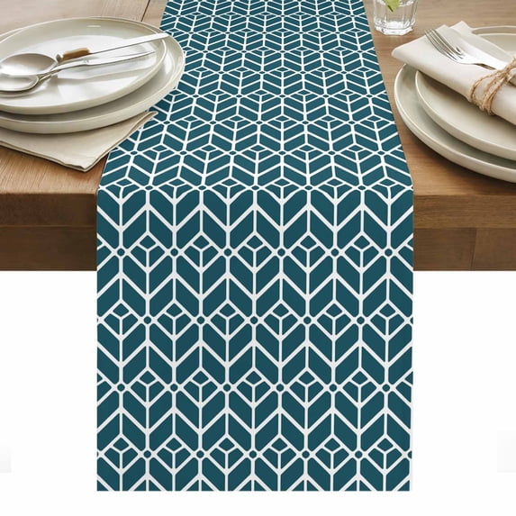 Geometric Table Runner - 36 Inch Long, Kitchen Dining Table Runner Dresser Scarves, Modern Abstract Lines Texture Teal Farmhouse Decor for Coffee Tables Wedding Party Banquet
