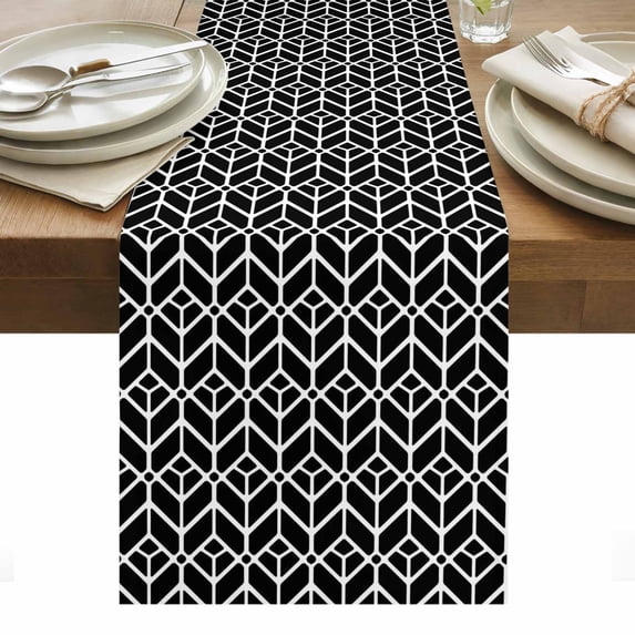 Geometric Table Runner - 90 Inch Long, Kitchen Dining Table Runner Dresser Scarves, Modern Abstract Lines Texture Black Farmhouse Decor for Coffee Tables Wedding Party Banquet