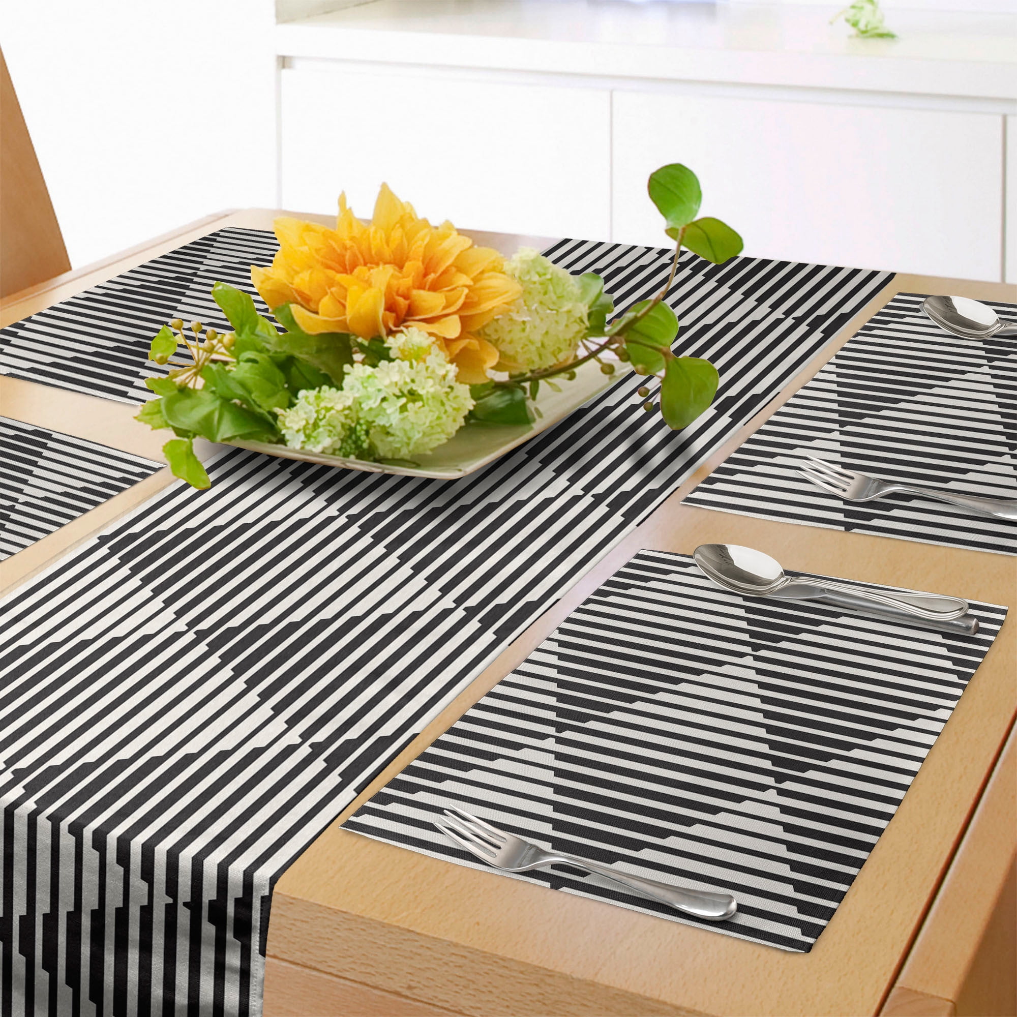 Geometric Table Runner & Placemats, Contemporary Monochrome Vertical ...