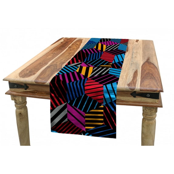 Geometric Table Runner, Stripped 3 Dimensional Cube Pattern Vibrant Color Palette Eighties Design, Dining Room Kitchen Rectangular Runner, 3 Sizes, by Ambesonne
