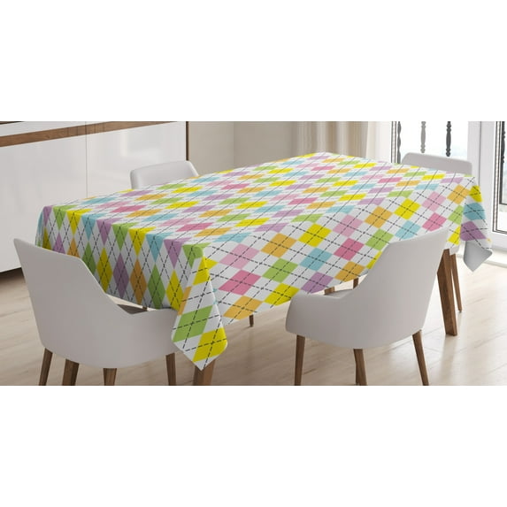 Geometric Tablecloth, Argyle Pattern Formed by Dashed Lines Crossing Over Soft Colored Diamond Figures, Rectangular Table Cover for Dining Room Kitchen, 52 X 70 Inches, Multicolor, by Ambesonne