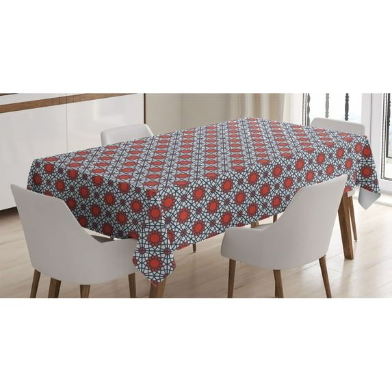 Geometric Tablecloth, Moroccan Star Design Inspired Middle Eastern Motifs, Rectangle Satin Table Cover Accent for Dining Room and Kitchen, 60" X 90", Vermilion Slate Blue, by Ambesonne