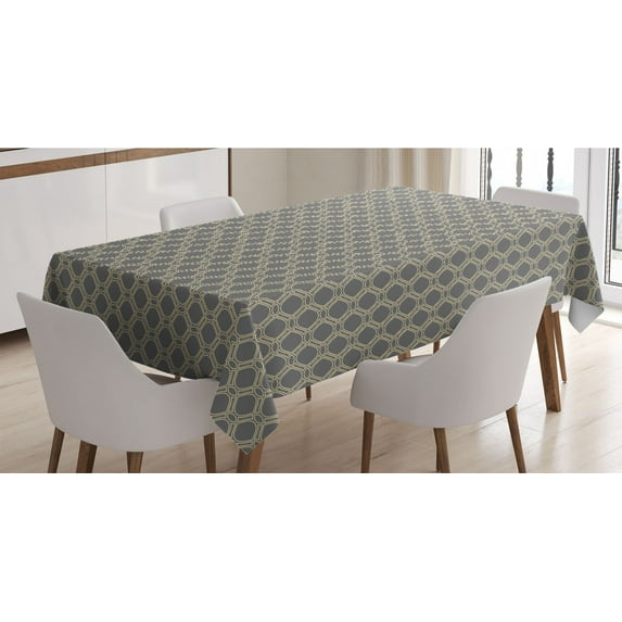 Geometric Tablecloth, Oval Shapes with Curved Lines Ornamental Composition of Abstract Shapes, Rectangle Satin Table Cover Accent for Dining Room and Kitchen, 60" X 84", Beige and Taupe, by Ambesonne