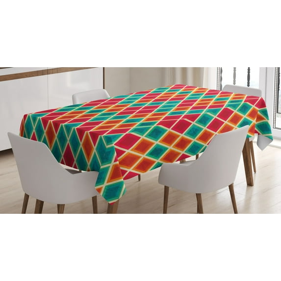Geometric Tablecloth, Vibrant Colored Grunge Rhombus Design with Cream Tone Stripes, Rectangular Table Cover for Dining Room Kitchen, 52 X 70 Inches, Dark Orange Turquoise Magenta, by Ambesonne