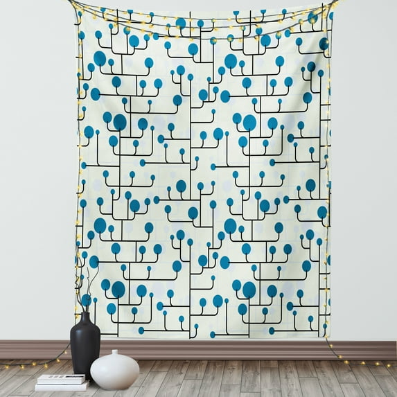Geometric Tapestry, Abstract Lines Dots of Many Sizes Modern Pattern Ornamental Minimalistic, Wall Hanging for Bedroom Living Room Dorm Decor, 60W X 80L Inches, Blue Eggshell Black, by Ambesonne