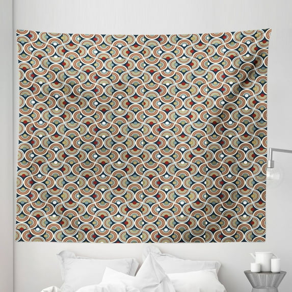 Geometric Tapestry, Abstract Mosaic with Half Spirals Forming Digital Circle Lace Display, Fabric Wall Hanging Decor for Bedroom Living Room Dorm, 5 Sizes, Sepia Ruby Dark Blue, by Ambesonne