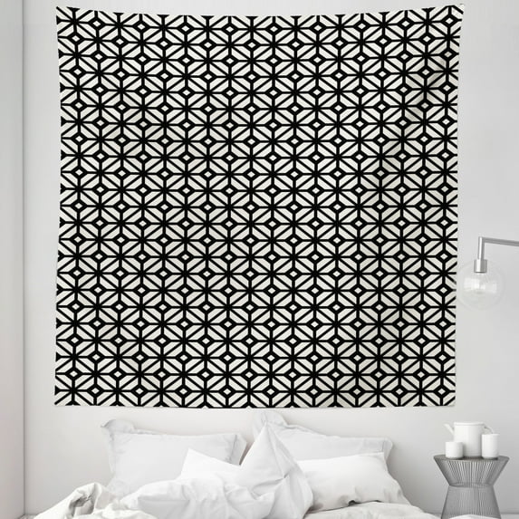 Geometric Tapestry, Monochrome Lattice Pattern with Rhombuses and Crossing Lines Print, Fabric Wall Hanging Decor for Bedroom Living Room Dorm, 5 Sizes, Charcoal Grey Eggshell, by Ambesonne