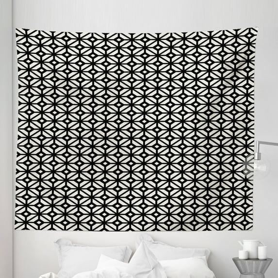 Geometric Tapestry, Monochrome Lattice Pattern with Rhombuses and Crossing Lines Print, Fabric Wall Hanging Decor for Bedroom Living Room Dorm, 5 Sizes, Charcoal Grey Eggshell, by Ambesonne