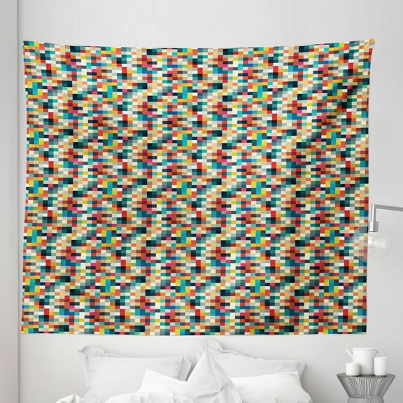 Geometric Tapestry, Pixel Art Inspired Checkered Squares Grid Illustration Colorful Abstract Design, Fabric Wall Hanging Decor for Bedroom Living Room Dorm, 5 Sizes, Multicolor, by Ambesonne