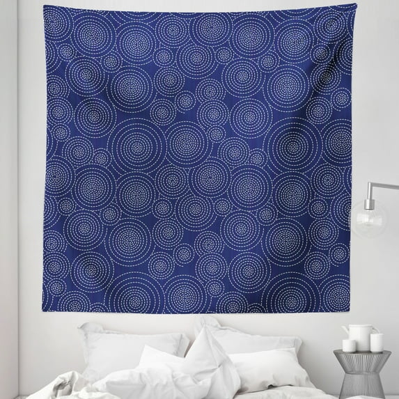 Geometric Tapestry, Repeating Spirals Formed by Dashed Lines Japanese Sashiko Quilting Pattern, Fabric Wall Hanging Decor for Bedroom Living Room Dorm, 5 Sizes, Indigo and White, by Ambesonne