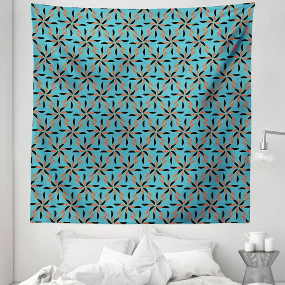 Geometric Tapestry, Soft Background and Floral Arrangement Blooming Nature Spring Season, Fabric Wall Hanging Decor for Bedroom Living Room Dorm, 5 Sizes, Blue Vermilion Black, by Ambesonne
