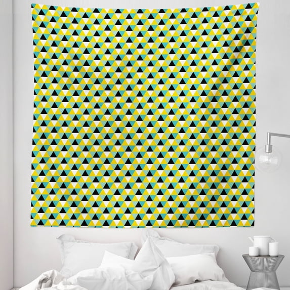 Geometric Tapestry, Triangular in Various Tones Symmetric Colorful Design, Fabric Wall Hanging Decor for Bedroom Living Room Dorm, 5 Sizes, Yellow Turquoise, by Ambesonne
