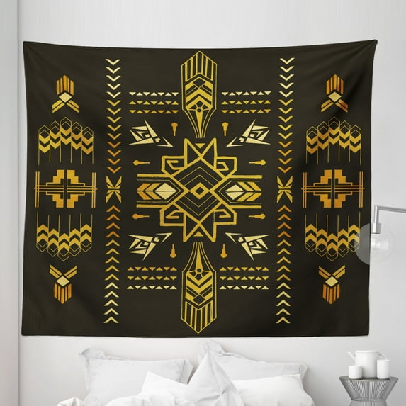 Geometric Tapestry, Tribal Hand Drawn Vintage Aztec Background in Vector Illustration Print, Fabric Wall Hanging Decor for Bedroom Living Room Dorm, 5 Sizes, Dark Brown Mustard, by Ambesonne