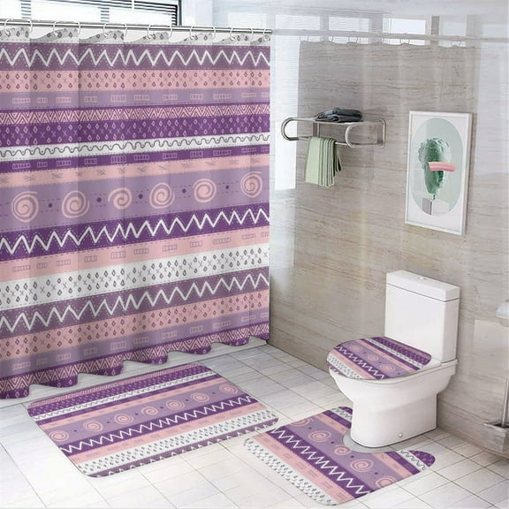 Geometric Textures Bathroom Set, Bathroom 4-piece Set - 29" X 17.5" Mats & 72" Shower Curtain with 12 Hooks, Bath Accessory for Home Use or Bathroom Decor