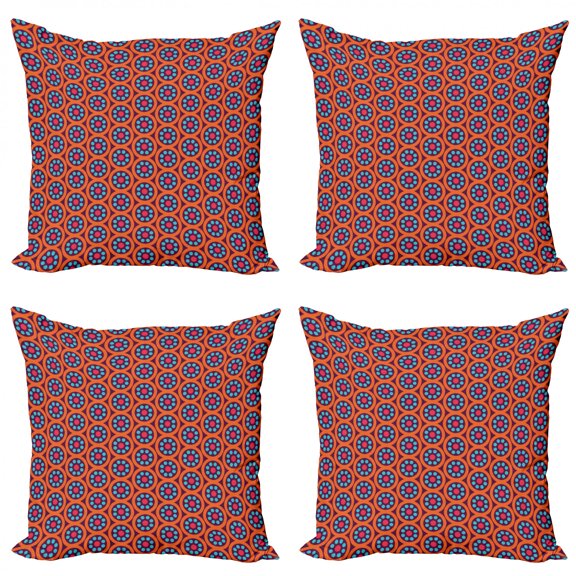 Geometric Throw Pillow Cushion Case Pack of 4, Blooms Flourishing Spring Flowers Botanical in Abstract Circles Ornamental, Modern Accent Double-Sided Print, 4 Sizes, Multicolor, by Ambesonne